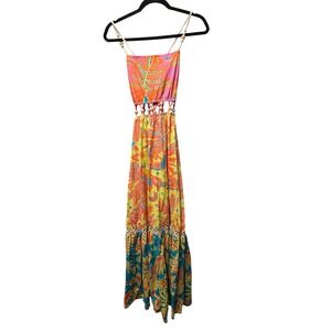 Bluesteel Tropical Cotton Maxi Dress Beaded Boho Festival Beach Resortwear Small